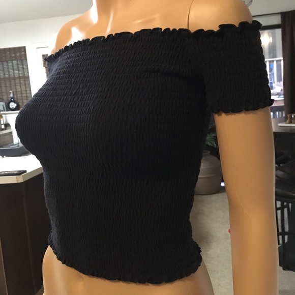 Hollister Off the Shoulder Crinkle Black Stretchy Sexy Top Small - Picture 3 of 9